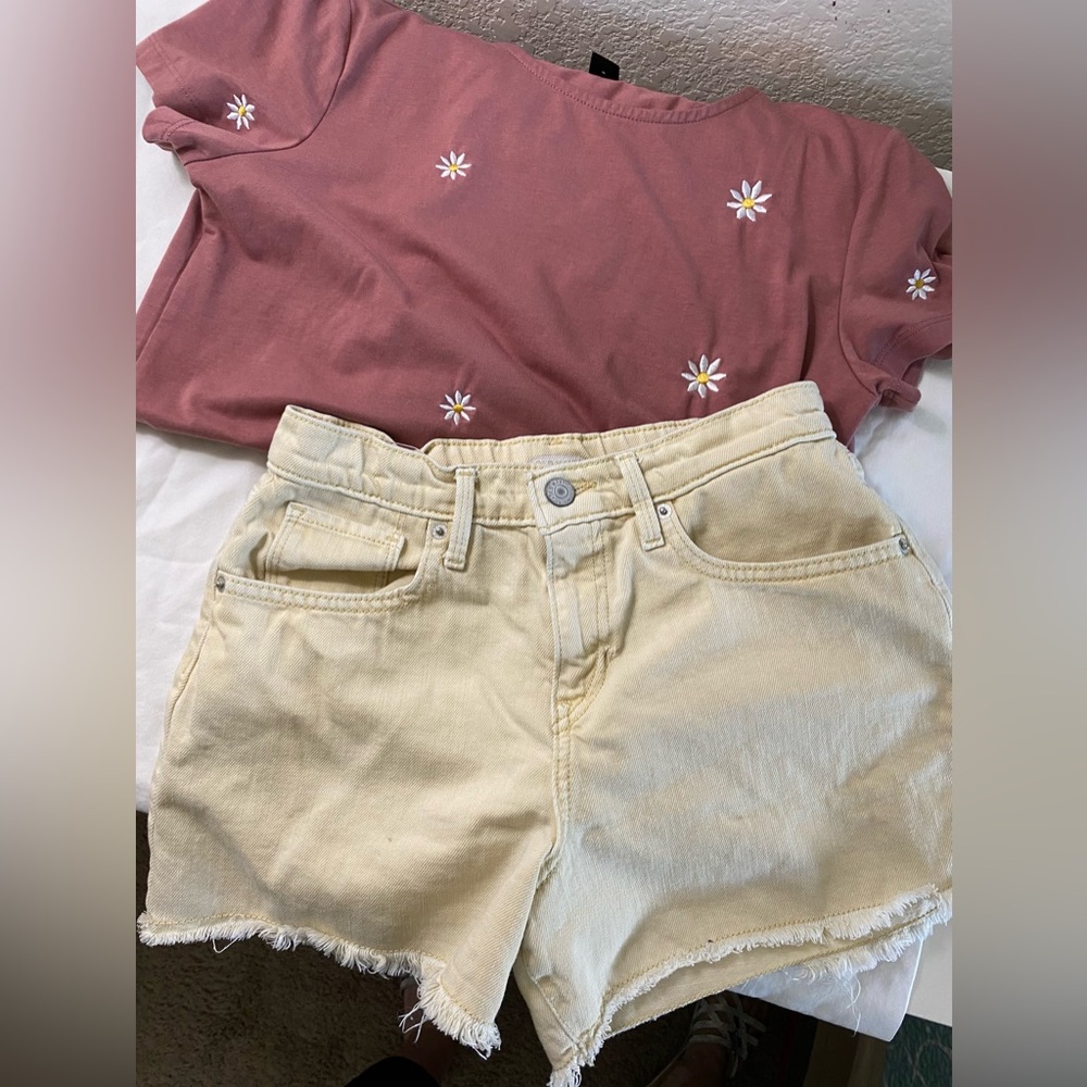 Girls outfit, Jean shorts with soft cotton embroidered top.